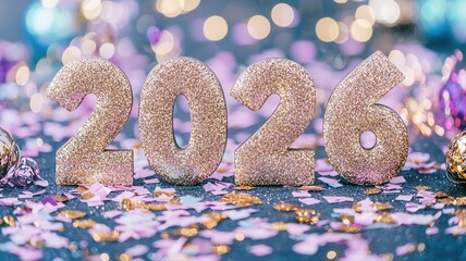 Golden glitter numbers 2026 standing on festive background with bokeh lights and colorful confetti, celebrating year new event upcoming
