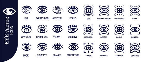 Set of human eye vector icons, visual perception, biometric scanning and artistic expression symbols