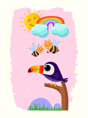 Obraz premium Cute cartoon toucam bird with the rainbow hand drawn childish character vector illustration isolated on white background.
