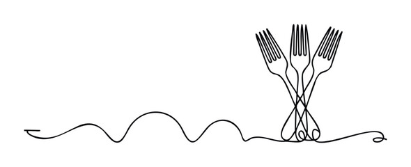 Three forks intertwined in a continuous line drawing symbolizing dining connection and culinary experiences, perfect for restaurant menus or food service promotions
