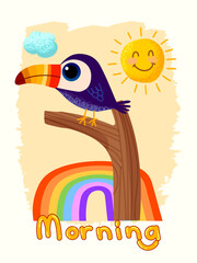 Obraz premium Cute cartoon toucam bird with the rainbow hand drawn childish character vector illustration isolated on white background.
