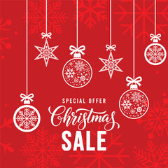 Naklejka premium Festive red Christmas sale banner with white snowflake ornaments, bold holiday typography and shop now button, modern winter promotion background ideal for seasonal retail advertising.
