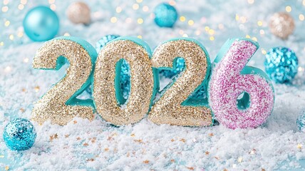 Shining 2026 numbers on blue background with snow and glitter, celebrating new winter holidays and year