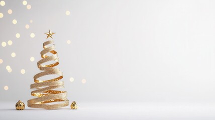 Golden glitter ribbon christmas tree standing on white background with sparkling bokeh lights, celebration concept holiday