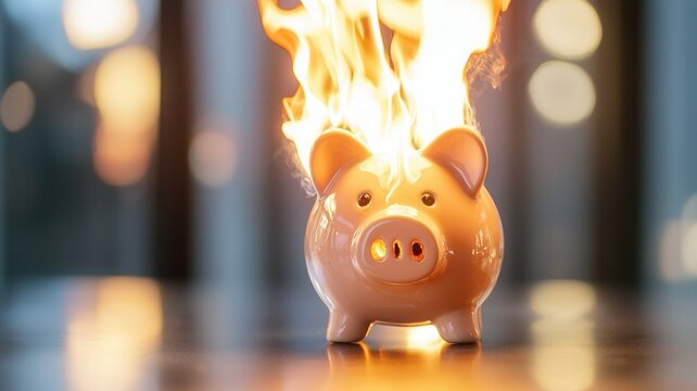 Piggy bank burning illustrating financial crisis, inflation, economic loss, and personal debt, expenses rising
