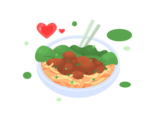 Illustration of a bowl of chicken noodles. Noodles with pieces of chicken in soy sauce and green vegetables or mustard greens. Indonesian, Asian food. Flat design. White background.