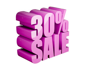 30 Percent Sale 3D Text Display with Glossy Magenta Typography Isolated on a Transparent Background. Special Offer, Retail Promotion Graphic Element for E-commerce and Marketing Banners.