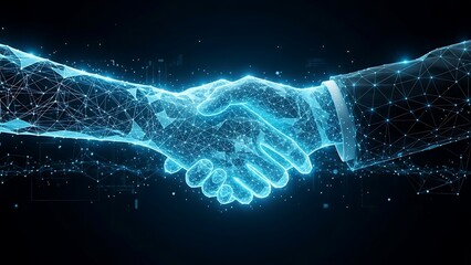 Modern digital partnership handshake with glowing network effect for technology, future, innovation, and global business success