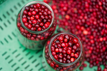Close-up of two glass jars filled with fresh lingonberries on a green surface with scattered berries in the background.