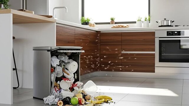 Overflowing trash causes fruit flies in modern kitchen problem video