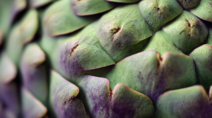 Artichoke Detail: A macro shot highlights the intricate texture and vibrant color variations of an artichoke. The image accentuates the natural beauty and complexity of the vegetable.