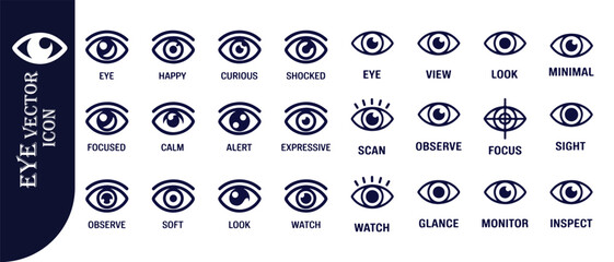 Variety of black eye icons, different shapes and states depicting visual actions and observations