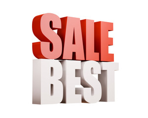Stacked 3D Text Words "SALE" and "BEST" Rendered in Bold Red and White Colors, Ideal for Retail Promotion, Marketing Banners, or Price Discount Graphics. Isolated Cutout on Transparent Background.