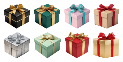 PNG Colorful gift boxes with ribbons, element set on transparent background