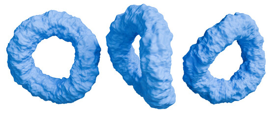Abstract 3D Textured Blue Toroidal Shapes Isolated on Transparent Background, Featuring Rough Crumpled Geometric Rings in Different Orientations, Modern Digital Science Design Element.