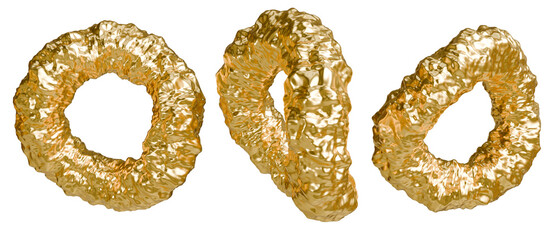 Three Abstract Textured Gold Rings Isolated on Transparent Background (PNG Cutout). Amorphous Golden Torus Shapes Displaying Precious Metal Texture for Luxury and Finance Concepts.
