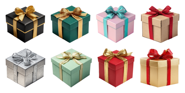 PNG Colorful gift boxes with ribbons, element set on transparent background