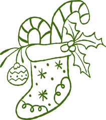 Whimsical Vintage Green Christmas Stocking with Candy Canes Hand-drawn
