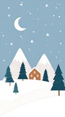 Naklejka premium Winter night scene with a cozy house nestled between snowy mountains