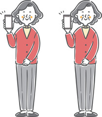 スマホを持つシニア女性　全身　ベクター
