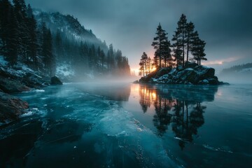 The low winter sun reflecting off the ice, a thin mist hovering above the surface. Generative AI