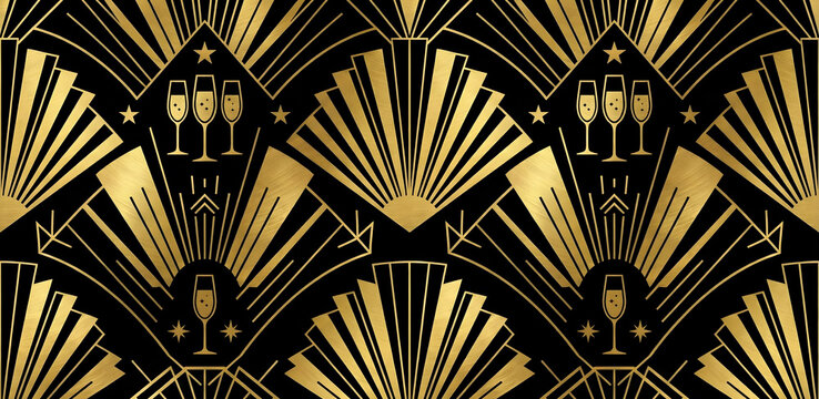 Seamless Art Deco pattern background with gold geometric fans on black. Luxury 1920s style texture.