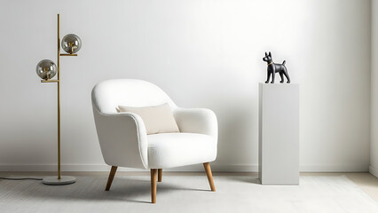 Modern White Armchair with Minimalist Decor and a Small Dog Figurine on a Pedestal