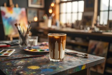 Iced coffee drink on a paint splattered artist table with art supplies beverage art studio