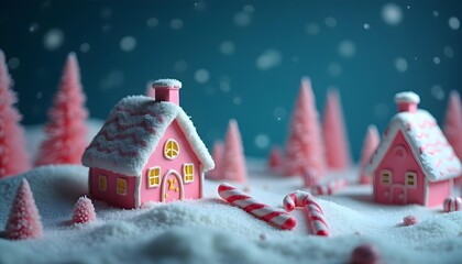 A whimsical candyland Christmas background, pastel colors, candy canes, gumdrop houses on snowy hills, soft clay texture, HD 8k, during a bright, clear afternoon with sharp shadows.