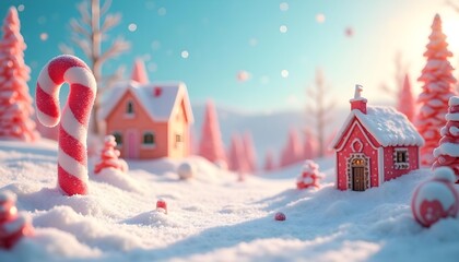 A whimsical candyland Christmas background, pastel colors, candy canes, gumdrop houses on snowy hills, soft clay texture, HD 8k, during a bright, clear afternoon with sharp shadows.