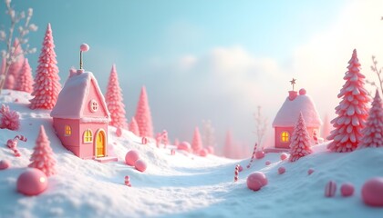 A whimsical candyland Christmas background, pastel colors, candy canes, gumdrop houses on snowy hills, soft clay texture, HD 8k, during a bright, clear afternoon with sharp shadows.