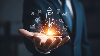 A businessman presents a digital rocket launch, symbolizing business startup, growth, and success with accompanying icons.