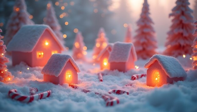 A whimsical candyland Christmas background, pastel colors, candy canes, gumdrop houses on snowy hills, soft clay texture, HD 8k, during a bright, clear afternoon with sharp shadows. - Powered by Adobe