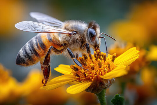 Closeup of a bee pollinating a yellow flower