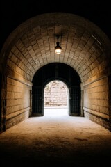 Obraz premium capitulating. Architectural tunnel with converging lines and fading natural light, perspective receding into darkness. real-estate listings. 