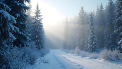 Photo-realistic 8k landscape capturing a dense pine forest during winter, with large snowflakes falling and a soft morning fog creating a mystical feel. Natural light rays stream through the canopy