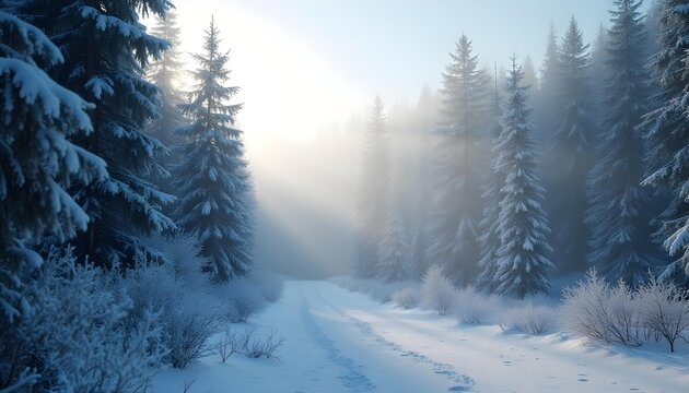 Photo-realistic 8k landscape capturing a dense pine forest during winter, with large snowflakes falling and a soft morning fog creating a mystical feel. Natural light rays stream through the canopy