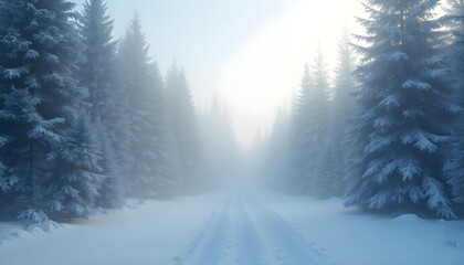 Photo-realistic 8k landscape capturing a dense pine forest during winter, with large snowflakes falling and a soft morning fog creating a mystical feel. Natural light rays stream through the canopy
