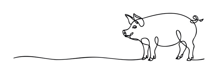 Single line drawing of a happy pig with a curly tail, perfect for farm themes and agricultural concepts, conveying a simple yet charming animal representation for various media applications.