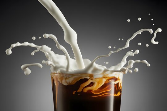White milk splashing into dark coffee creating swirling patterns and dynamic droplets