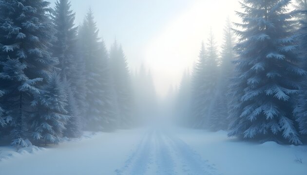 Photo-realistic 8k landscape capturing a dense pine forest during winter, with large snowflakes falling and a soft morning fog creating a mystical feel. Natural light rays stream through the canopy