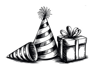 Sketch of festive party objects including a striped party hat, a horn, and a gift box with ribbon, perfect for celebratory and congratulatory themes and promotions