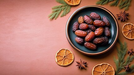 Festive Table Dates Platter with Dried Orange Slices and Star Anise, Winter Healthy Snack, Creative Food Arrangement, Cozy Gathering Decor