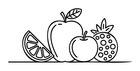Line drawing of diverse fruits including a citrus slice, two apples, and a pineapple, perfect for healthy eating promotions and food blogs.