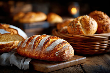 Freshly baked bread loaves and rolls on wooden table