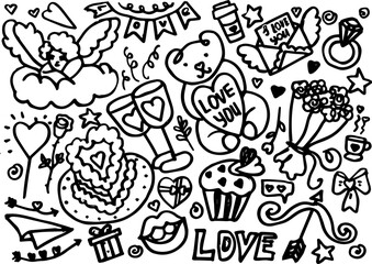 A charming hand-drawn love collage filled with hearts, teddy bears, roses, and &ldquo;I love you&rdquo; notes &mdash; perfect for Valentine&rsquo;s Day or romantic designs. Playful, cozy, and full of sweet details like coffe