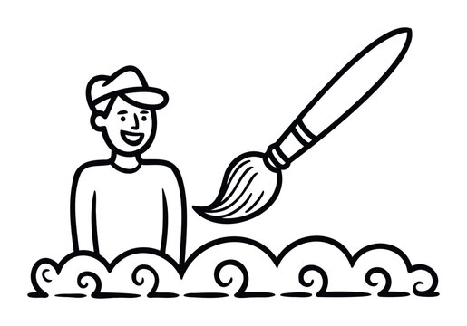 Happy man with a paintbrush creating decorative clouds for a joyful and imaginative scene, perfect for kids projects and creative concepts