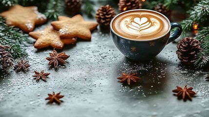 Christmas Coffee with Gingerbread Cookies, Winter Holiday Table Decor, Star Cookies and Pinecones, Cozy Family Gathering Food Concept