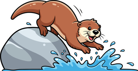 Playful cartoon otter jumping off a rock into splashing water, fun wildlife illustration, cute aquatic animal artwork for nature themes