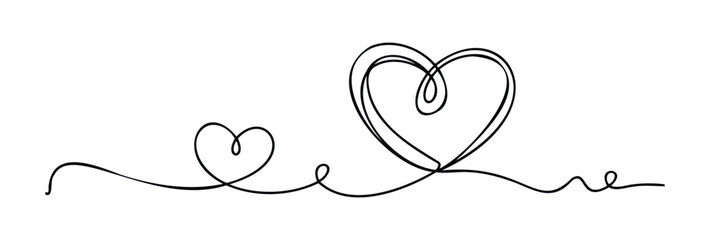 Minimalist continuous line drawing of two intertwined hearts symbolizing love and connection, perfect for romantic themes, greetings, and expressions of affection.